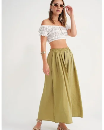 Fusta maxi  talie inalta, snur, verde olive, textil