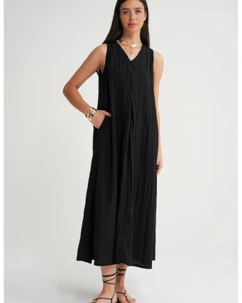 Rochie Maxi Midi,  decolteu in V, negru, textil