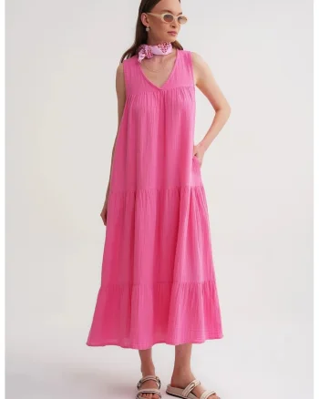 Rochie Midi,  fara maneci, decolteu in V, roz aprins, bumbac