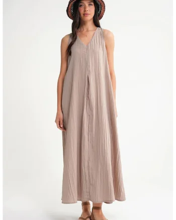 Rochie maxi  decolteu in V, maro, textil