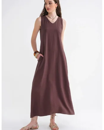 Rochie Maxi,  Fara Maneci, Culoare Maro, Textil