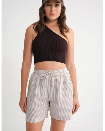 Pantaloni scurti dama,  cu talie inalta, dungi, maro cafea/alb, textil
