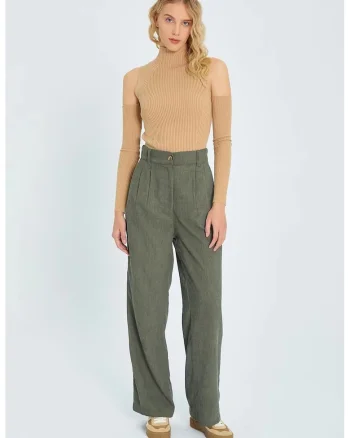 Pantaloni dama,  catifea, talie inalta, croiala dreapta, catifea, verde kaki,