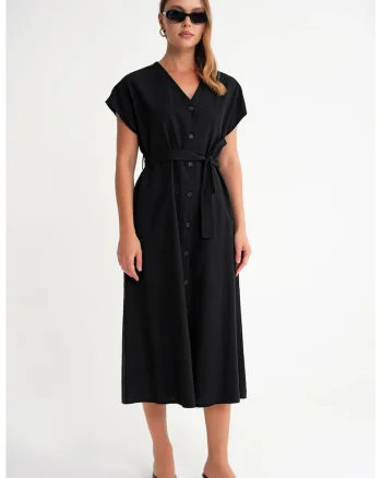 Rochie tip camasa,  cu curea, negru, fabricat din material de calitate