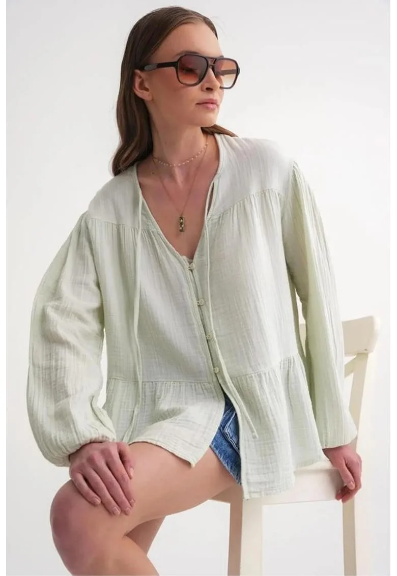 Camasa dama,  bluza cu maneca lunga, croiala lejera, verde pin, textil
