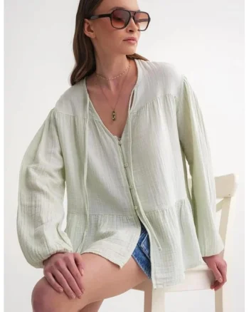 Camasa dama,  bluza cu maneca lunga, croiala lejera, verde pin, textil