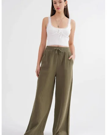 Pantaloni dama,  talie inalta, textil, verde kaki, muselina texturata