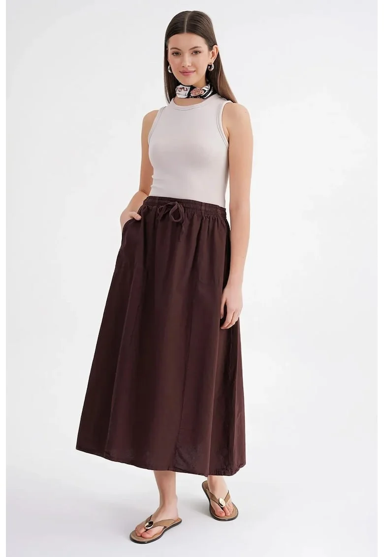 Fusta  din poplin cu talie inalta, maro cafea, textil