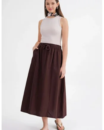 Fusta  din poplin cu talie inalta, maro cafea, textil