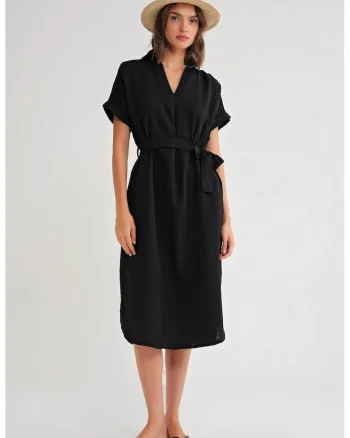 Rochie midi,  maneca scurta, curea, negru, fabrica sintetica
