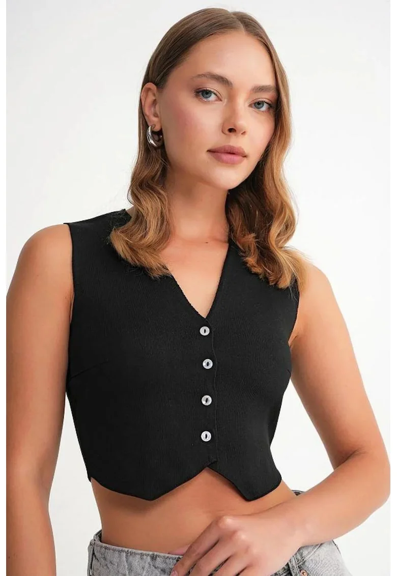 Vesta scurta,  cu nasturi, decolteu in V, negru, tricot,
