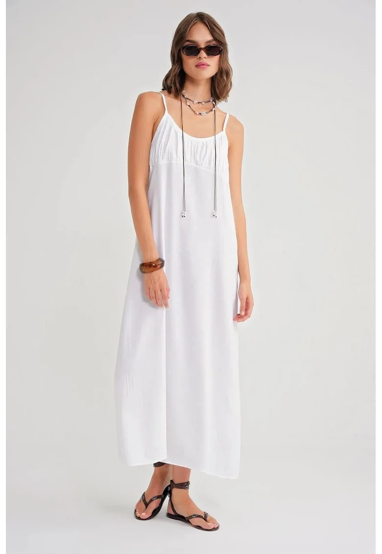 Rochie Maxi,  bretele, detalii incretite, Alb, Textil