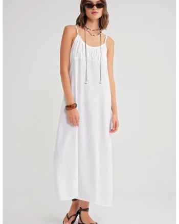 Rochie Maxi,  bretele, detalii incretite, Alb, Textil