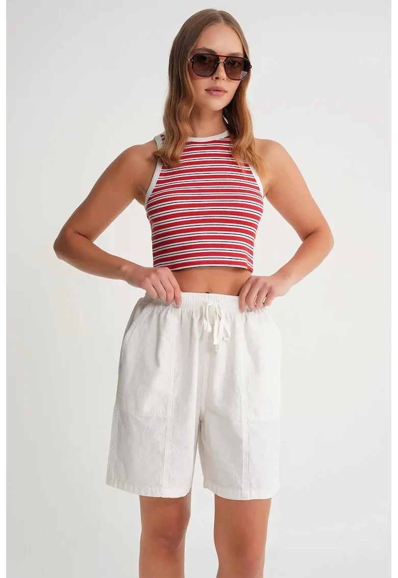 Pantaloni scurti dama,  talie inalta, snur, alb, bumbac