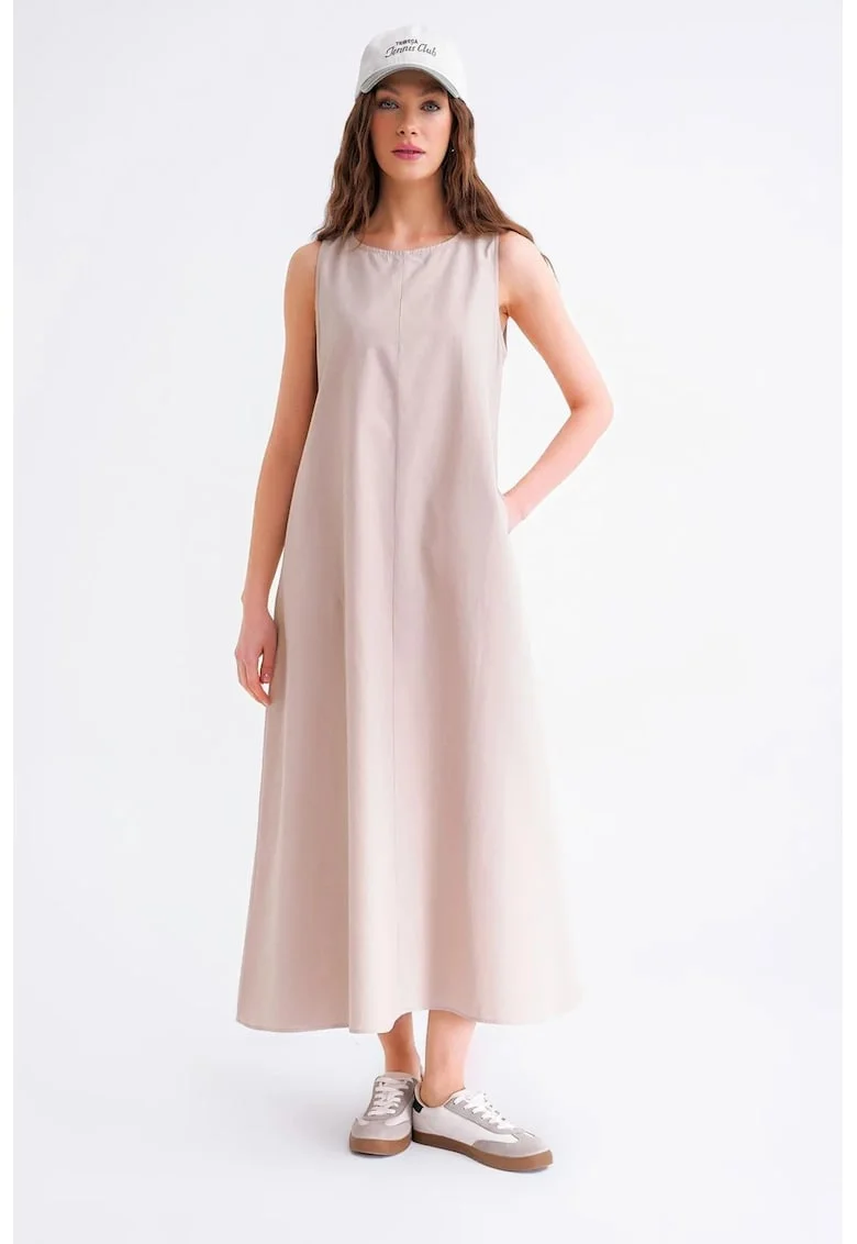 Rochie Maxi,  Relaxed Fit, cu Buzunare, Stone Natural, Textil