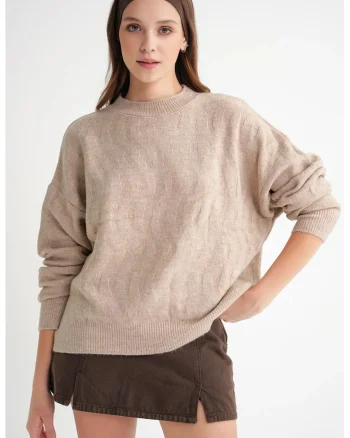 Pulover dama,  tricot striat, model impletit, bej natural,