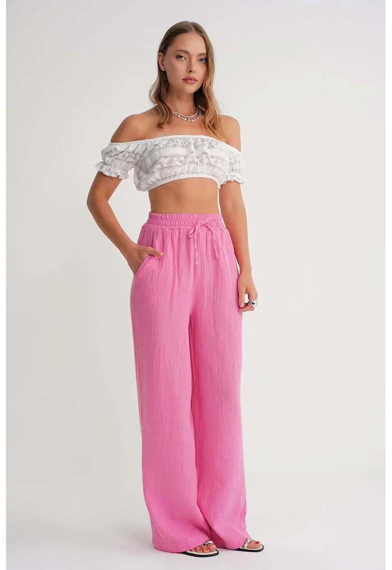 Pantaloni dama,  talie inalta, textil, roz muselina texturata, Roz pudrat