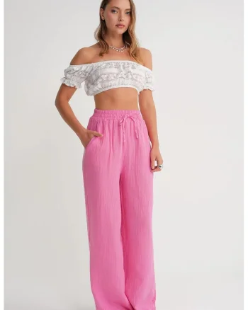 Pantaloni dama,  talie inalta, textil, roz muselina texturata, Roz pudrat