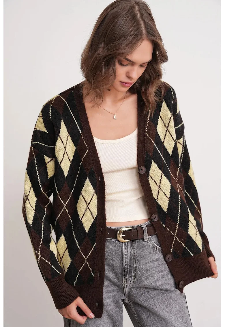 Cardigan dama,  supradimensionat, maro cafeniu, tricot, decolteu in v,
