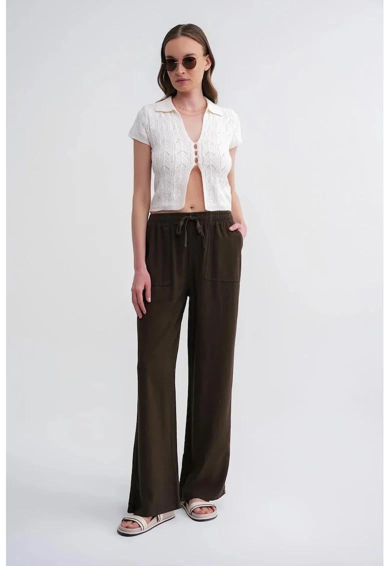 Pantaloni dama,  talie elastica, croiala dreapta, verde kaki, textil