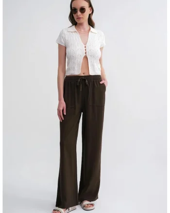 Pantaloni dama,  talie elastica, croiala dreapta, verde kaki, textil