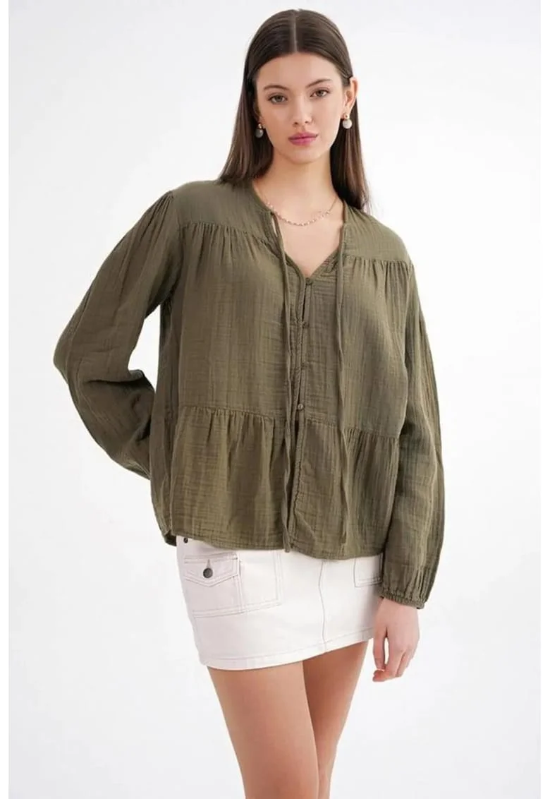Camasa dama,  bluza cu maneca lunga, croiala lejera, verde kaki, textil
