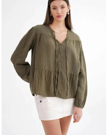 Camasa dama,  bluza cu maneca lunga, croiala lejera, verde kaki, textil