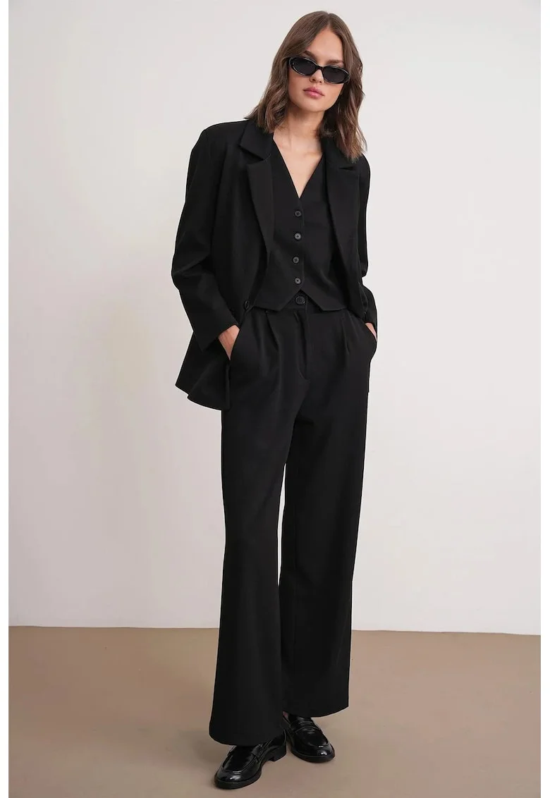 Pantaloni dama,  Palazzo plisati, buzunare, negru, textil