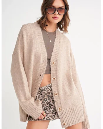 Cardigan,  tricotat, guler in V, cu nasturi, bej natural,