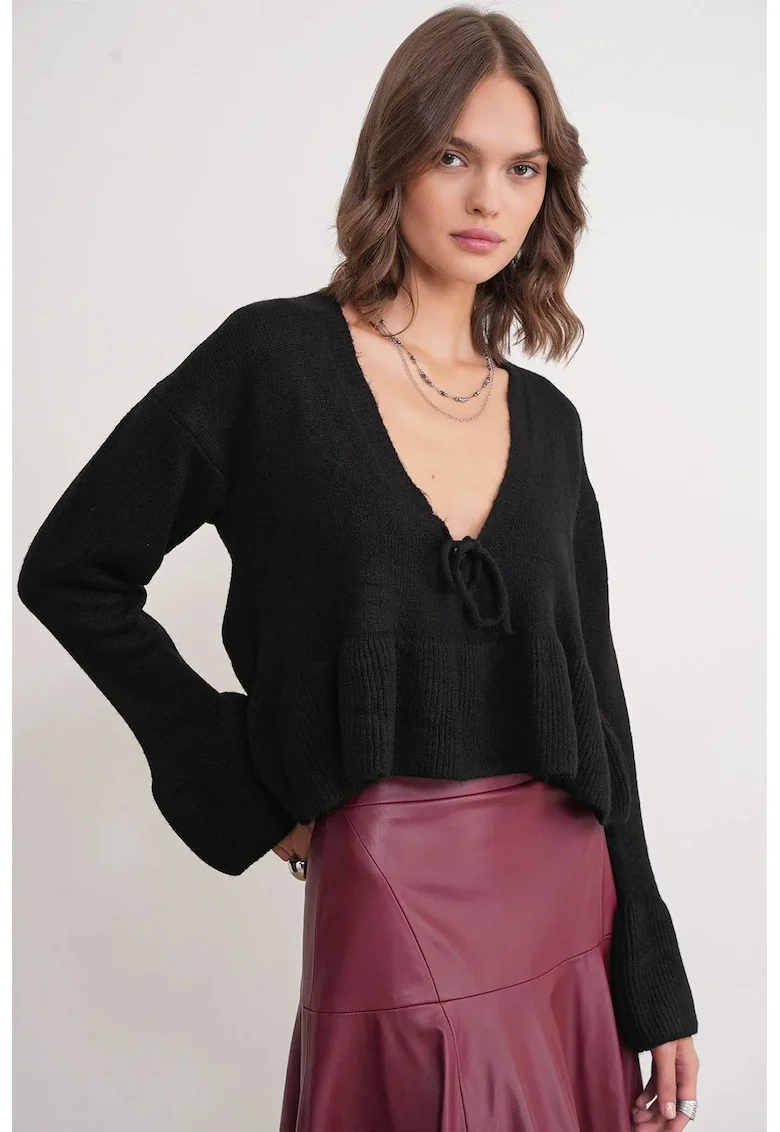 Pulover dama,  Tricot, Negru, Decolteu in V,
