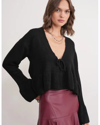 Pulover dama,  Tricot, Negru, Decolteu in V,