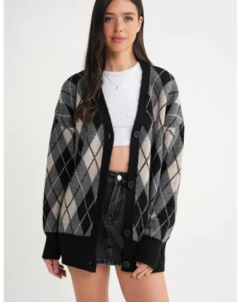 Cardigan,  Oversize, model Argyle, decolteu in V, negru, tricot,