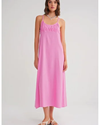 Rochie Maxi,  cu Bretele, Detaliu Drapat, Roz Pudrat, Textil
