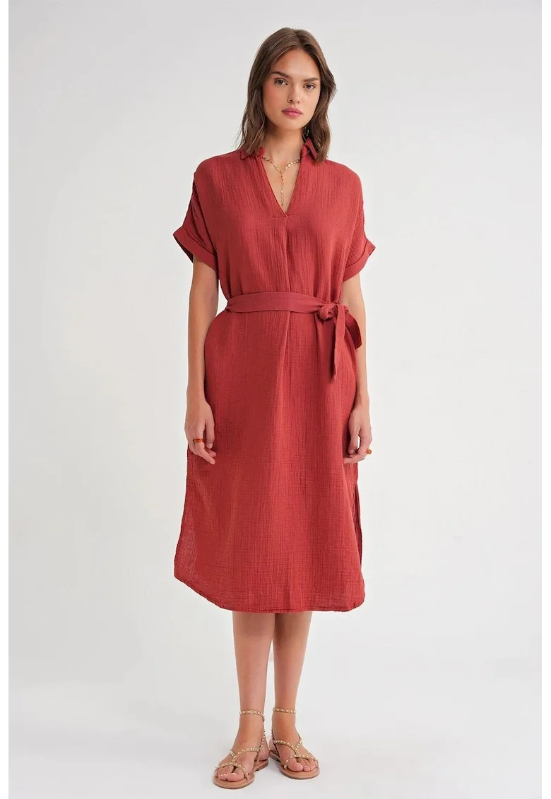 Rochie midi  rosu caramiziu, cu maneca scurta, textil