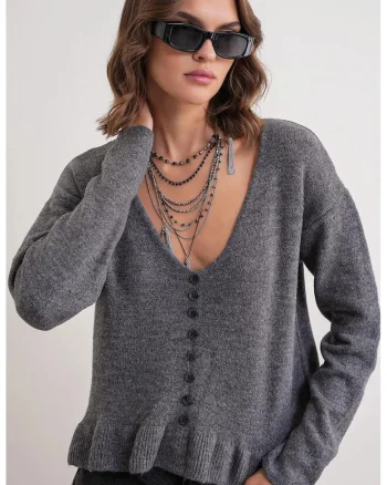 Pulover dama,  Decolteu in V, Tricot, Gri inchis,