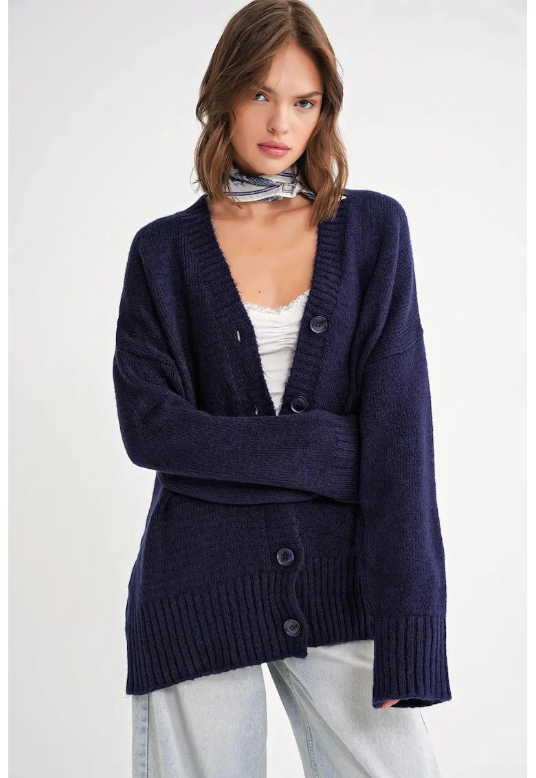 Cardigan,  decolteu in V, tricotat, albastru marin,