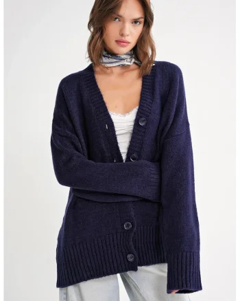 Cardigan,  decolteu in V, tricotat, albastru marin,