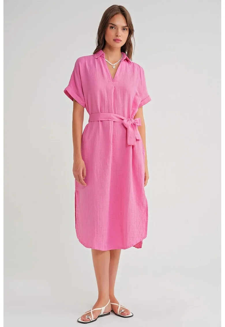Rochie Midi,  cu Maneca Scurta si Cordon, Roz Pudrat, Textil