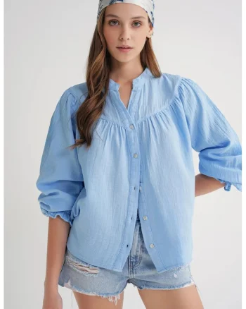 Camasa dama,  camasa din amestec de in, albastru deschis, textil