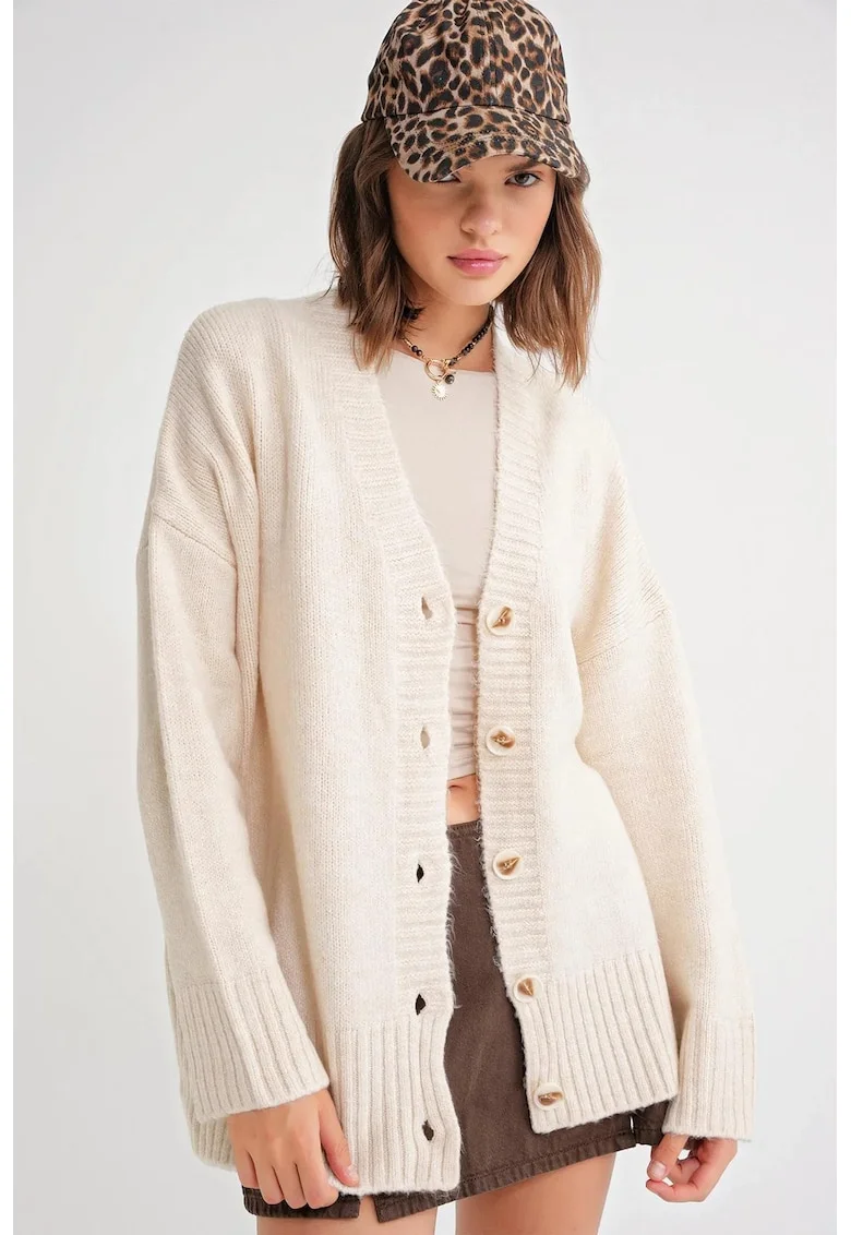 Cardigan dama,  Decolteu in V, Alb natural, Tricot,