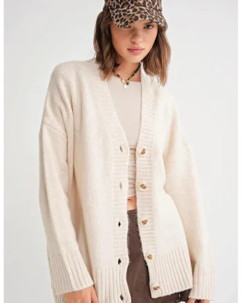 Cardigan dama,  Decolteu in V, Alb natural, Tricot,