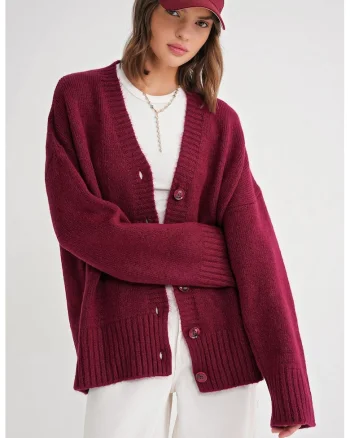 Cardigan,  tricotat, decolteu in V, visiniu,