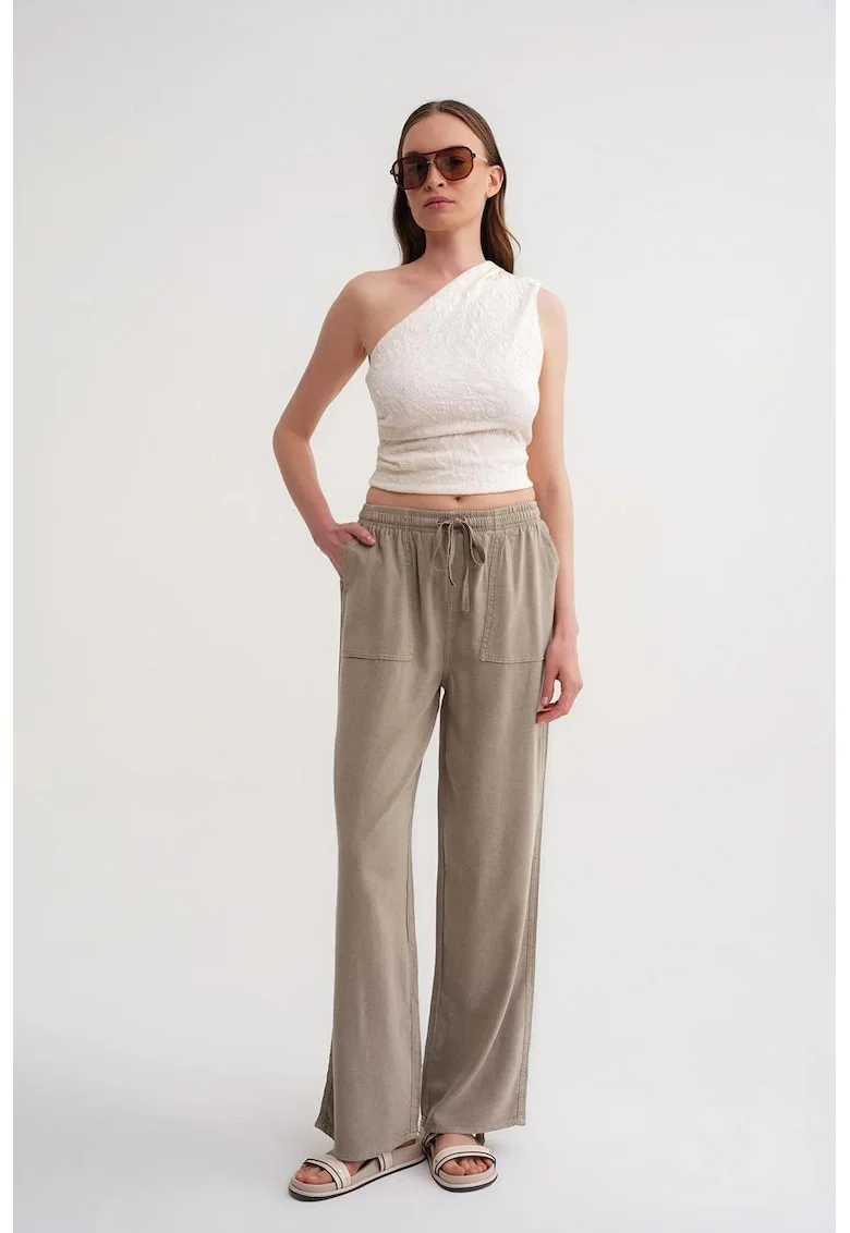 Pantaloni dama,  talie elastica, croiala dreapta, maro camel, textil