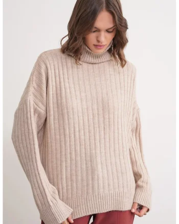 Pulover dama,  oversize, guler inalt, bej natural, tricot,
