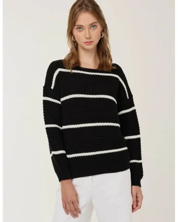 Pulover dama,  tricotat cu dungi, croiala lejera, negru, tricot