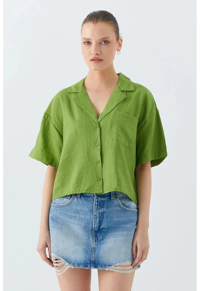 Camasa crop,  croiala lejera, verde masliniu, textil