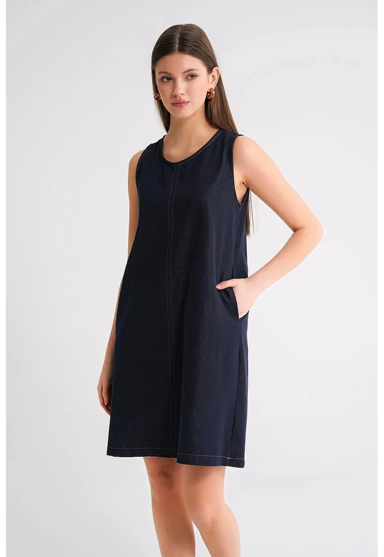 Rochie midi,  bumbac, albastru marin, cu guler rotund, cu buzunare