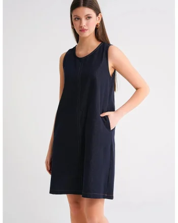 Rochie midi,  bumbac, albastru marin, cu guler rotund, cu buzunare