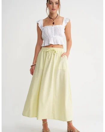 Fusta  poplin, talie inalta, galben lamaie, textil