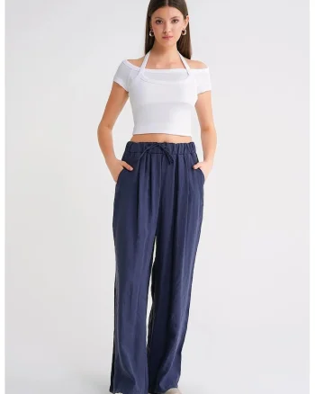 Pantaloni dama,  Palazzo plisati, talie inalta, Albastru marin, Modal